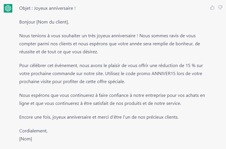 Exemple d'email automatisé anniversaire client e-commerce généré avec CHATGPT